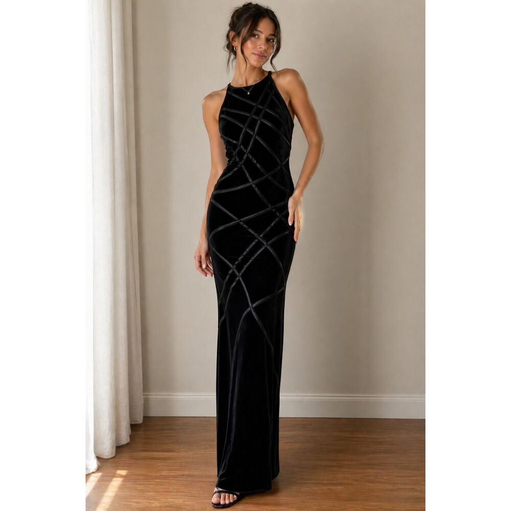 Black Velvet Dress | Strappy Cutout Cocktail | Minimalist Evening / classic XS
